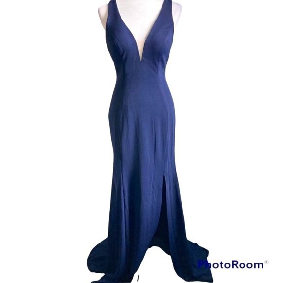 Navy Open Back Minimalist Long Formal Prom Dress US S - Picture 1 of 5